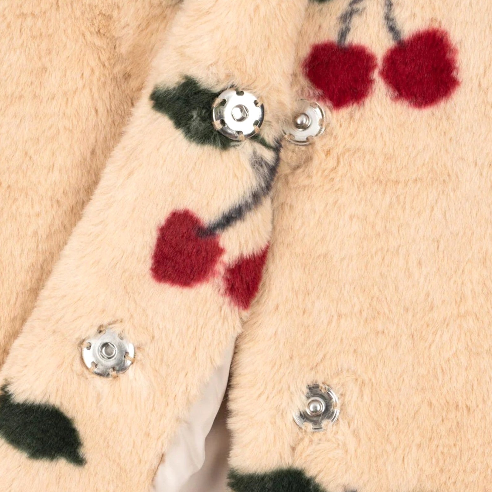 Little Moony Cherry Fuzzie Coat with soft plush texture and rounded collar for kids buttons view