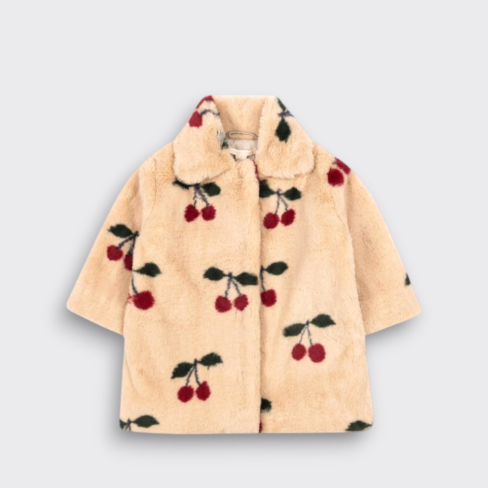 Little Moony Cherry Fuzzie Coat with soft plush texture and rounded collar for kids