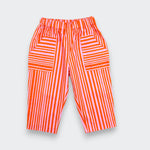 Little Moony cherry red and pink stripe patch pocket pants for baby and toddler flat lay view