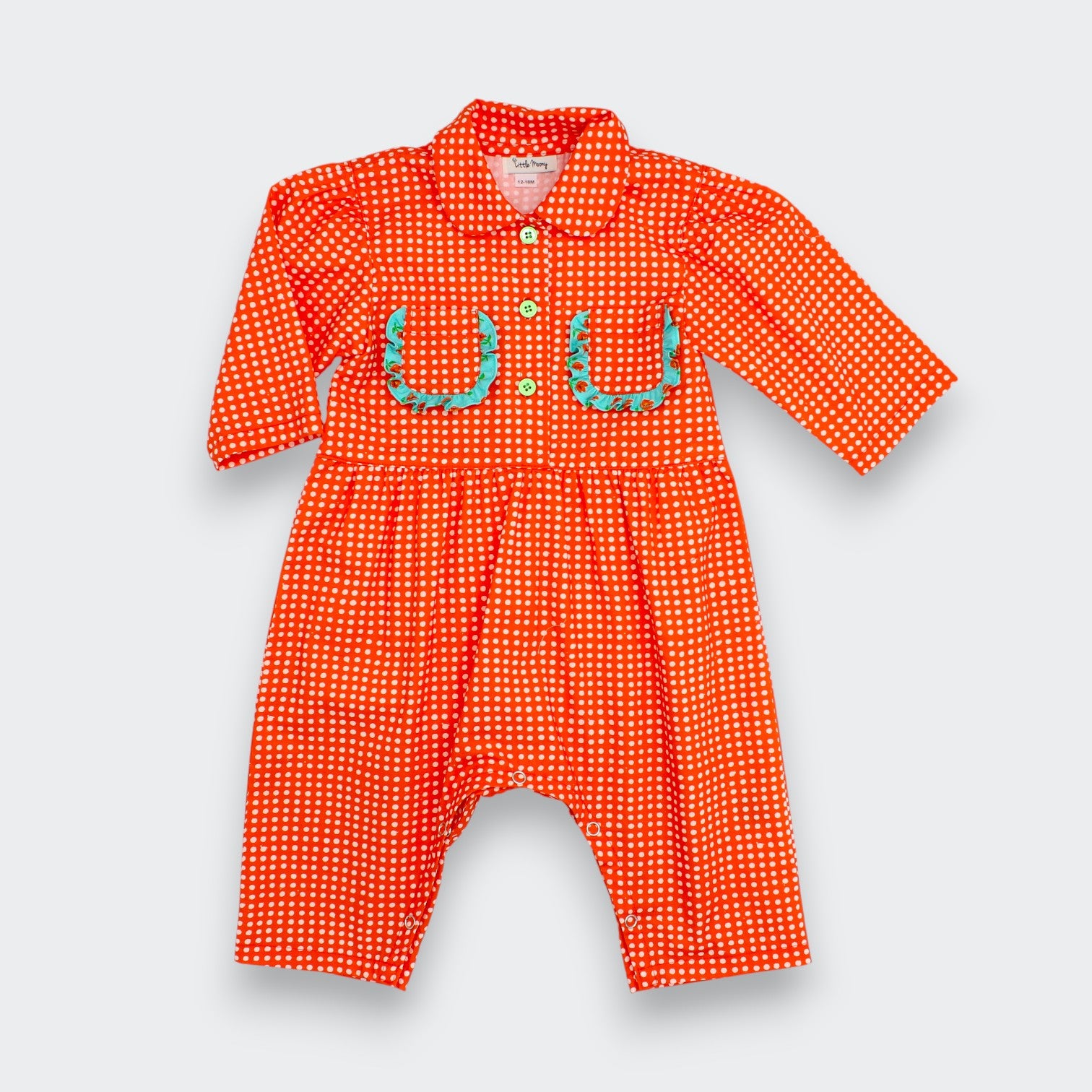 Little Moony Cherry dot cotton ruffle pocket romper for babies front view