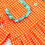 Little Moony Cherry dot cotton ruffle pocket romper for babies and detailed view
