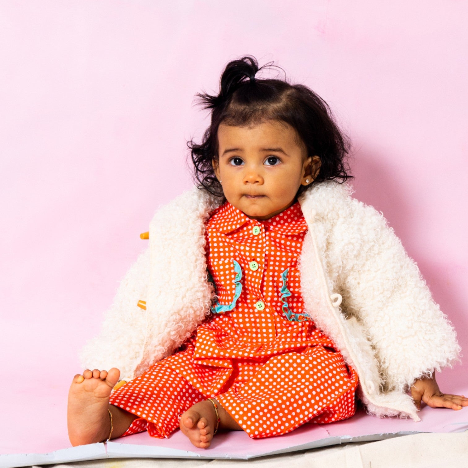Baby Girl in Little Moony Cherry Dot Cotton Ruffle Pocket Romper