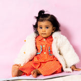 Baby Girl in Little Moony Cherry Dot Cotton Ruffle Pocket Romper