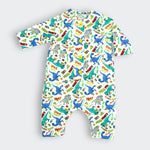 Little Moony Dino Pizza Party white cotton baby romper with teal accents and snap buttons

