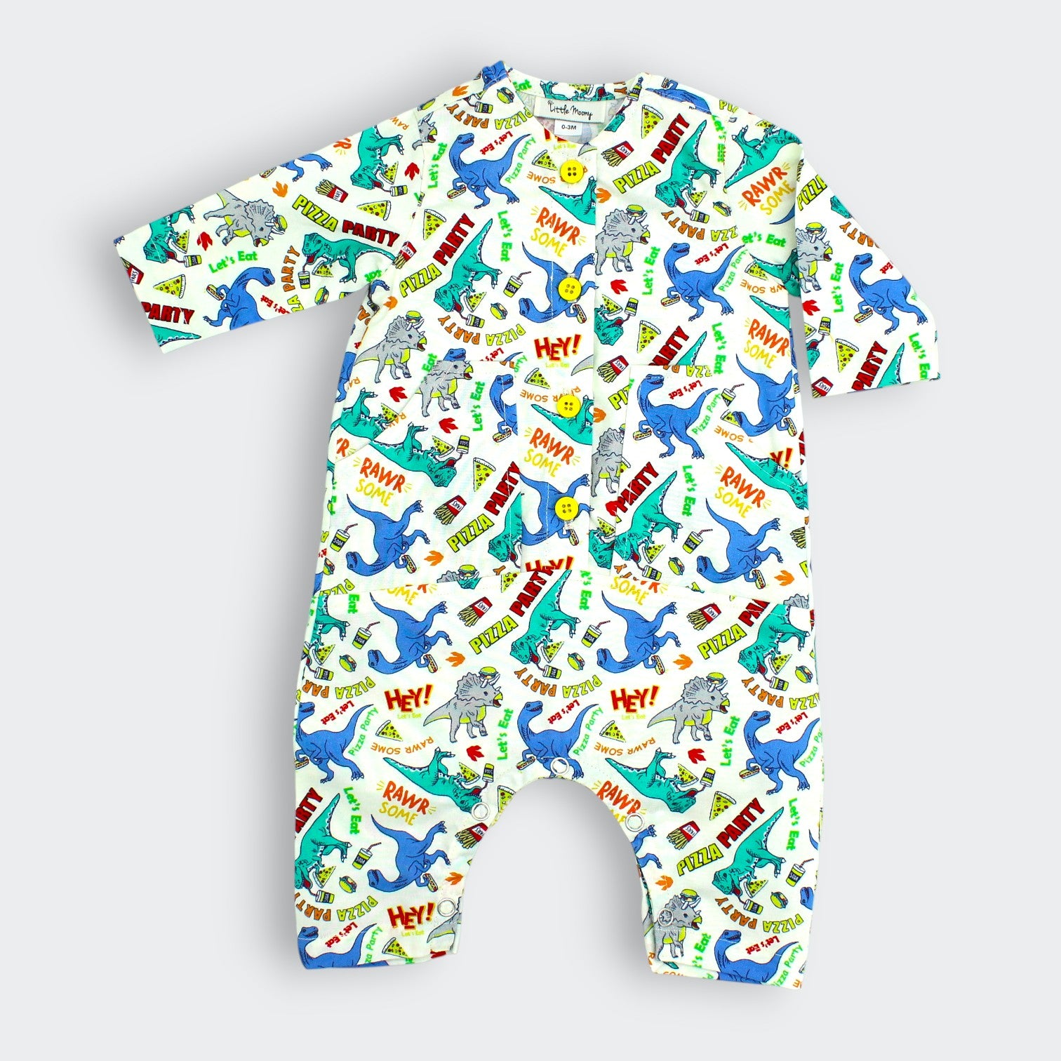 Little Moony Dino Pizza Party white cotton baby romper with teal accents and snap buttons

