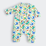 Little Moony Dino Pizza Party white cotton baby romper with teal accents and snap buttons

