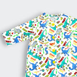 Close-up of dinosaur and pizza slice print on Little Moony white cotton baby jumpsuit

