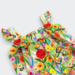 Close-up of ruffle strap and gathered neckline on Little Moony Bunny and Floral Baby Romper
