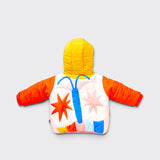 Little Moony Flutterby Kids Puffer Jacket with colorful rainbow-inspired panels for babies and toddlers back view