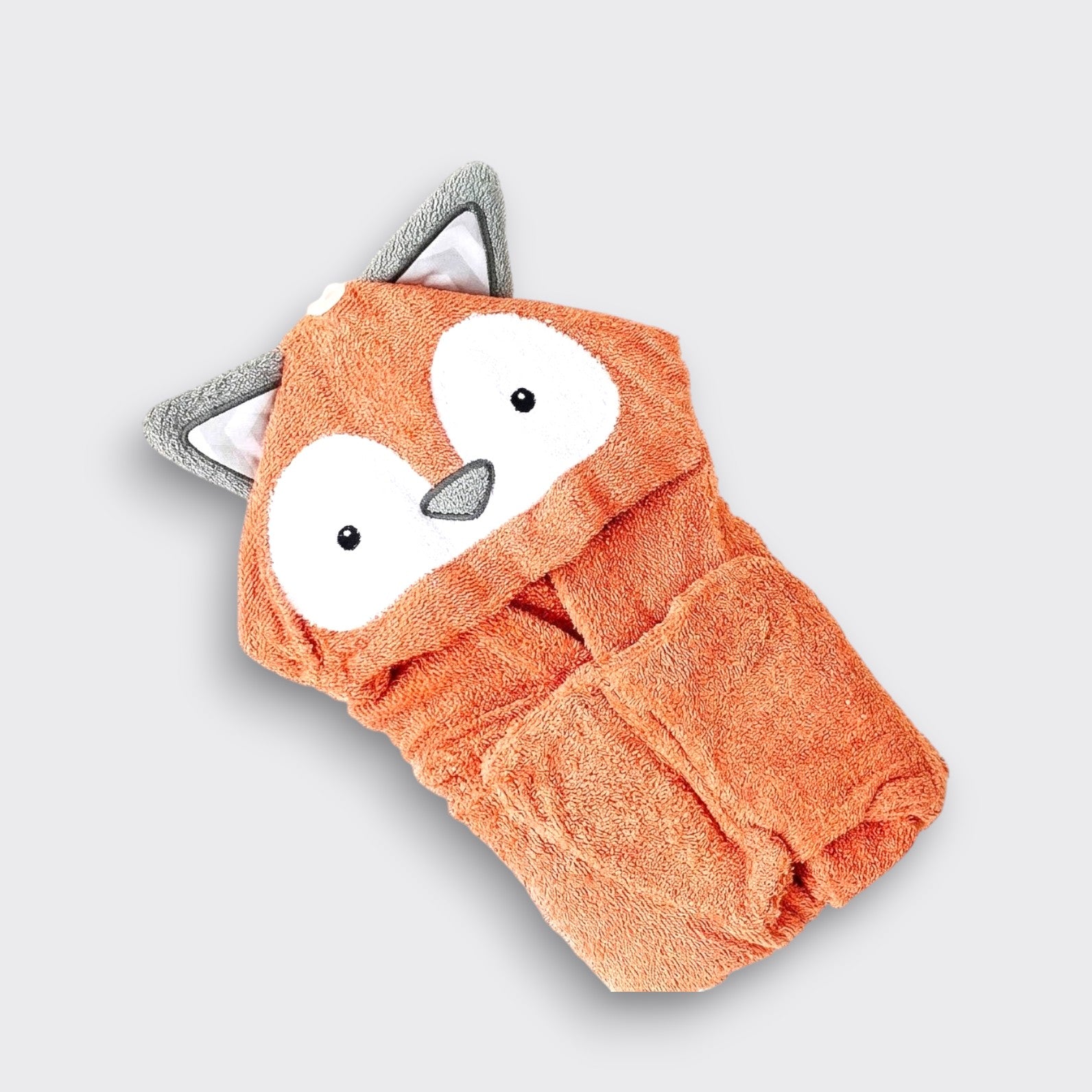 Little Moony Fox Bath Towel with adorable hood and soft terry cotton for babies 0–9 months folded.