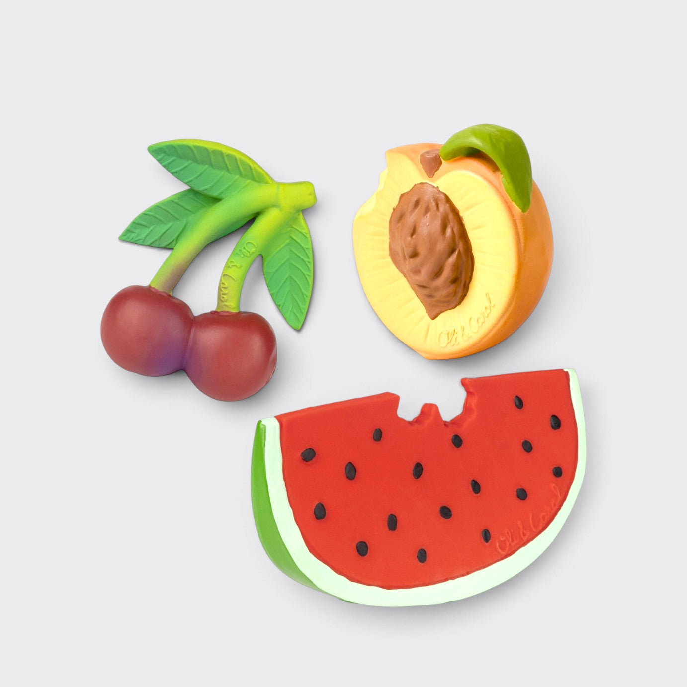 Little Moony Fruit Salad Newborn Pack with natural rubber watermelon, cherry and peach teethers for babies