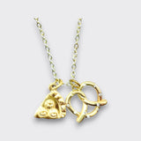 Gold-tone charm necklace with a pizza slice and pretzel pendant on a light gray background.