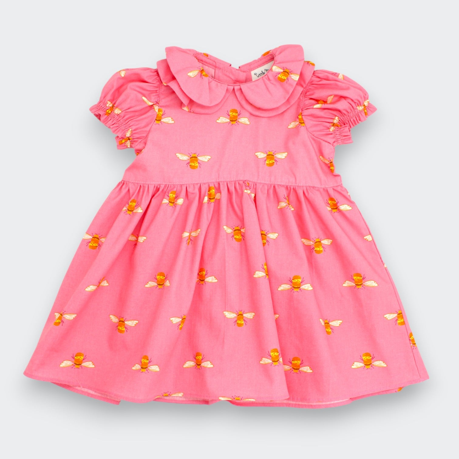 Little Moony Honey Bee Petal Double-Collar Dress in pink cotton with golden bee print, front view
