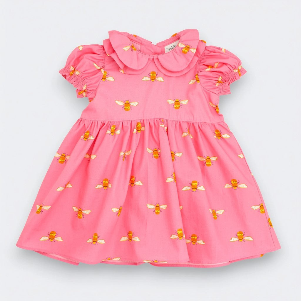 Little Moony Honey Bee Petal Double-Collar Dress in pink cotton with golden bee print, front view