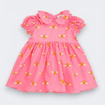 Little Moony Honey Bee Petal Double-Collar Dress in pink cotton with golden bee print, front view