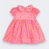 Little Moony Honey Bee Petal Double-Collar Dress in pink cotton with golden bee print, front view
