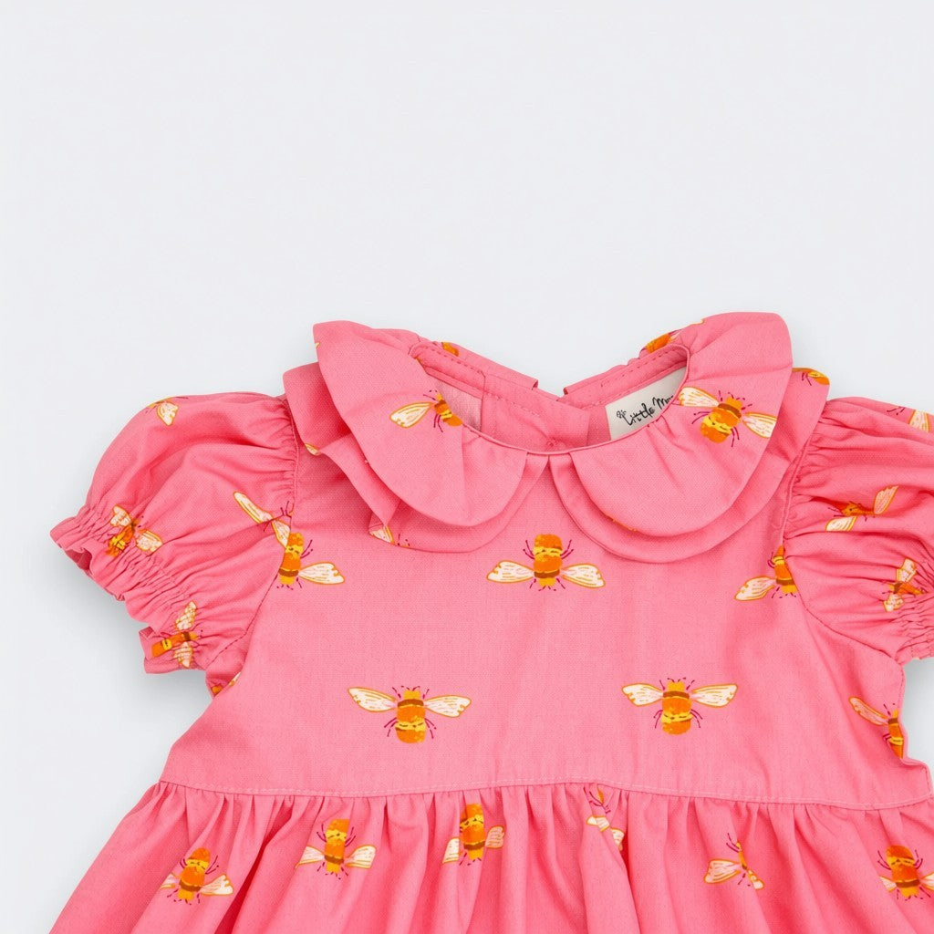 Close-up of double petal collar on Little Moony Pink Honey Bee Dress, soft cotton baby girl dress
