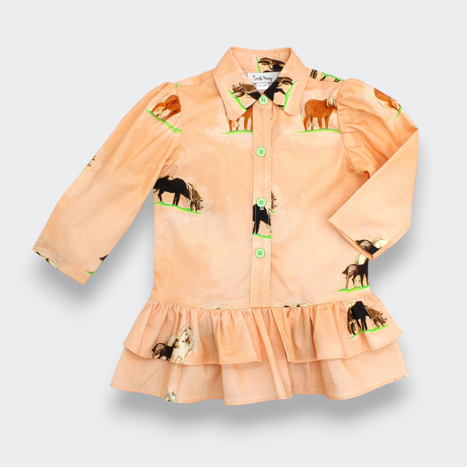 Little Moony horse print tiered shirt dress, tailored bodice with two gathered tiers,