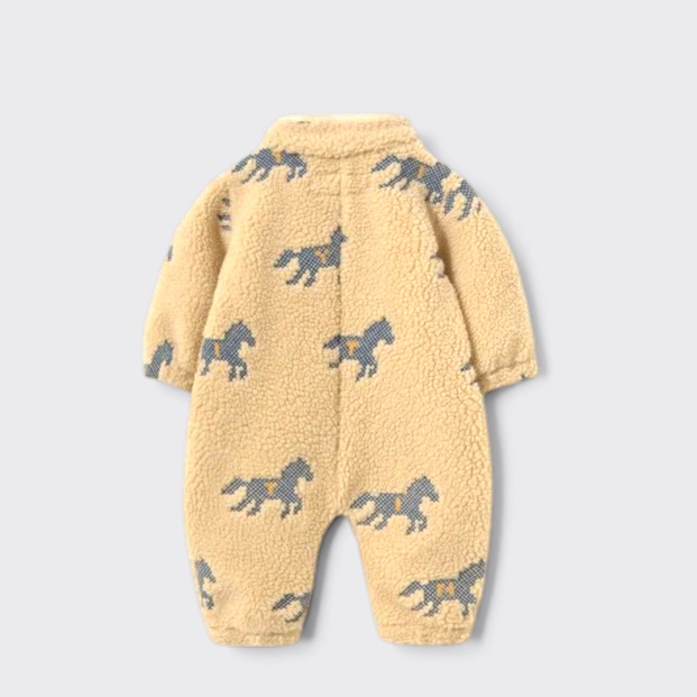 Little Moony Horses Sherpa One-Piece with galloping horse print for babies and toddlers back view.