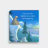 Page from I Love You to the Moon and Back, showing an adult bear and cub overlooking mountains and trees, on a light gray background.