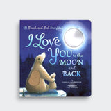 I Love You to the Moon and Back touch-and-feel book cover, showing an adult bear and cub gazing at the moon on a light gray background.