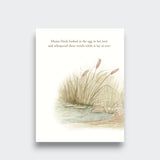 Page from I’ve Loved You from the Start, featuring watercolor pond reeds and opening story text about Mama Duck, on a light gray background.