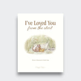 Title page of I’ve Loved You from the Start, featuring a watercolor duck cuddling a duckling beside pond reeds, on a light gray background.