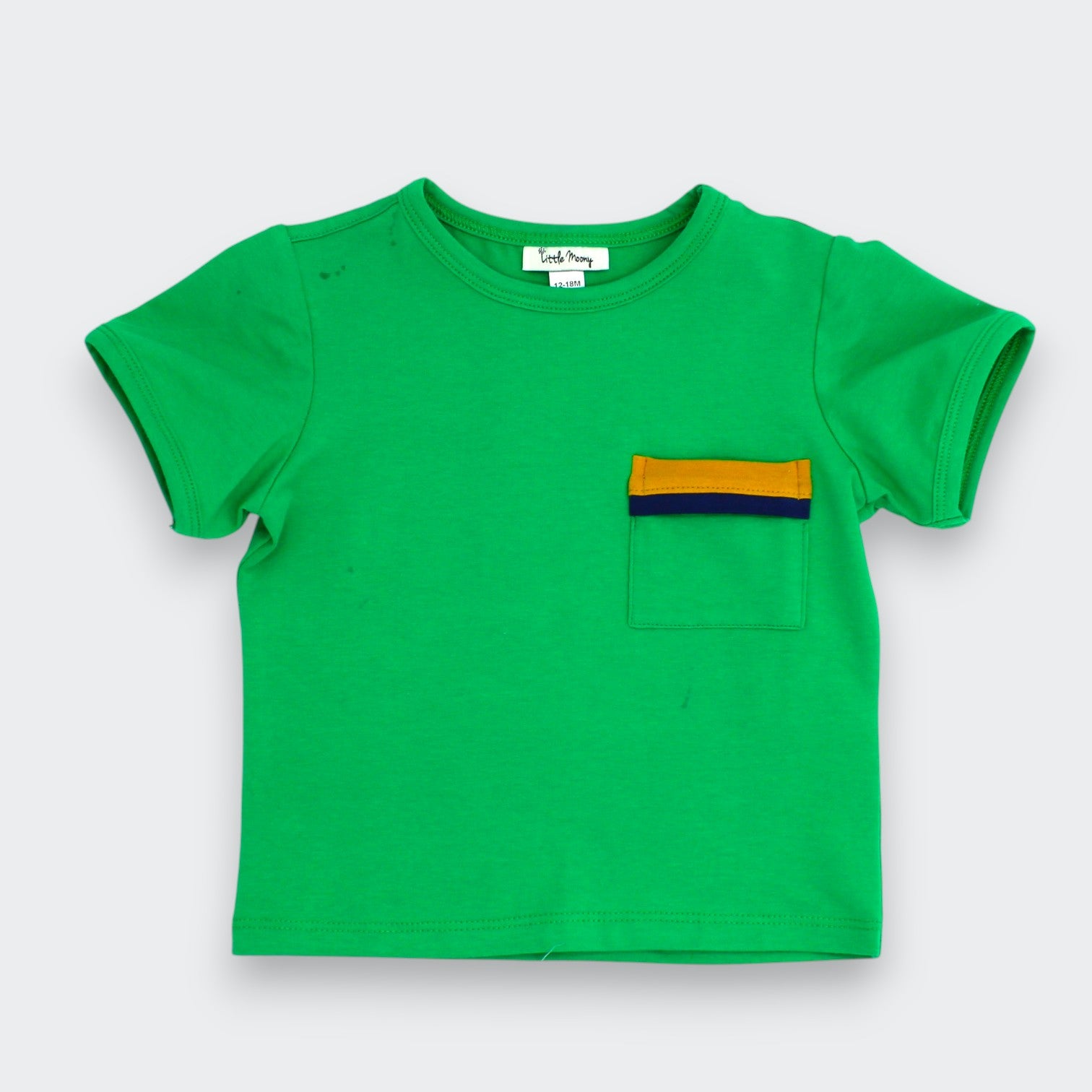  Little Moony Jade Green Pocket Tee for baby and toddler with mustard yellow and navy color blocked pocket
