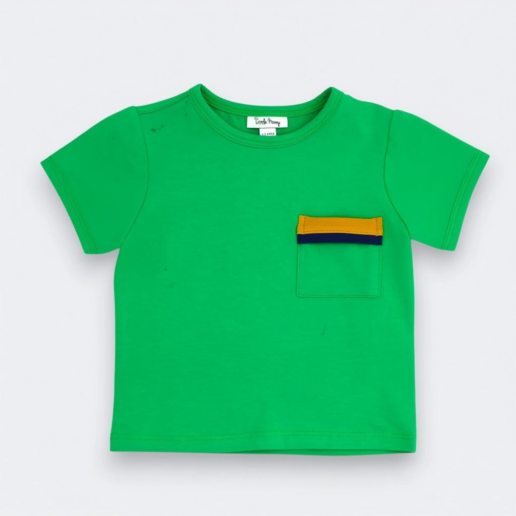 
 Little Moony Jade Green Pocket Tee for baby and toddler with mustard yellow and navy color blocked pocket
