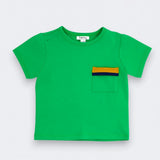 
 Little Moony Jade Green Pocket Tee for baby and toddler with mustard yellow and navy color blocked pocket
