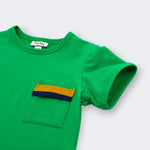 Close up of color blocked mustard yellow and navy pocket on Little Moony Jade Green Pocket Tee
