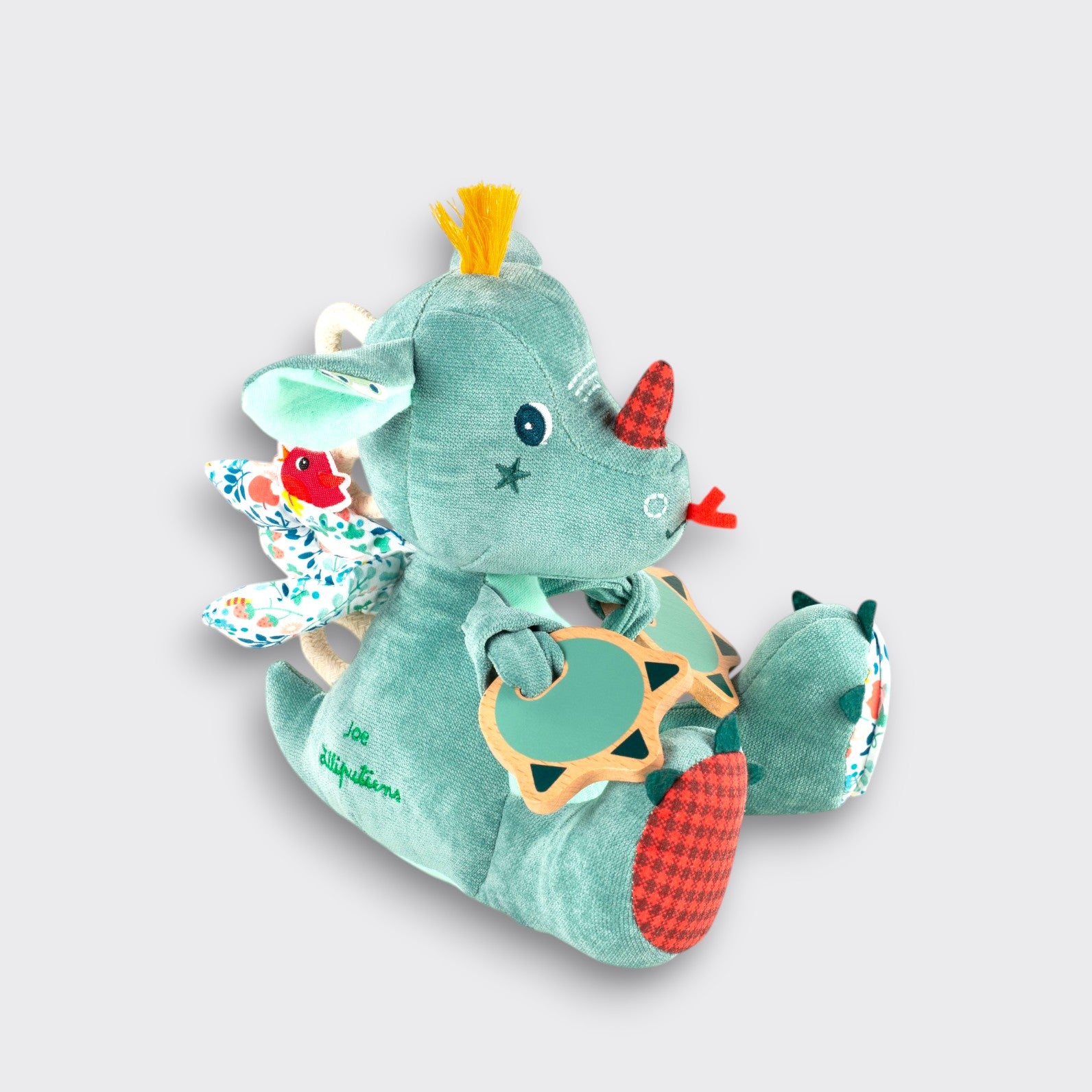 Little Moony Joe the Dragon multi-activity plush with sensory textures, mirror, and sounds for babies and toddlers side view