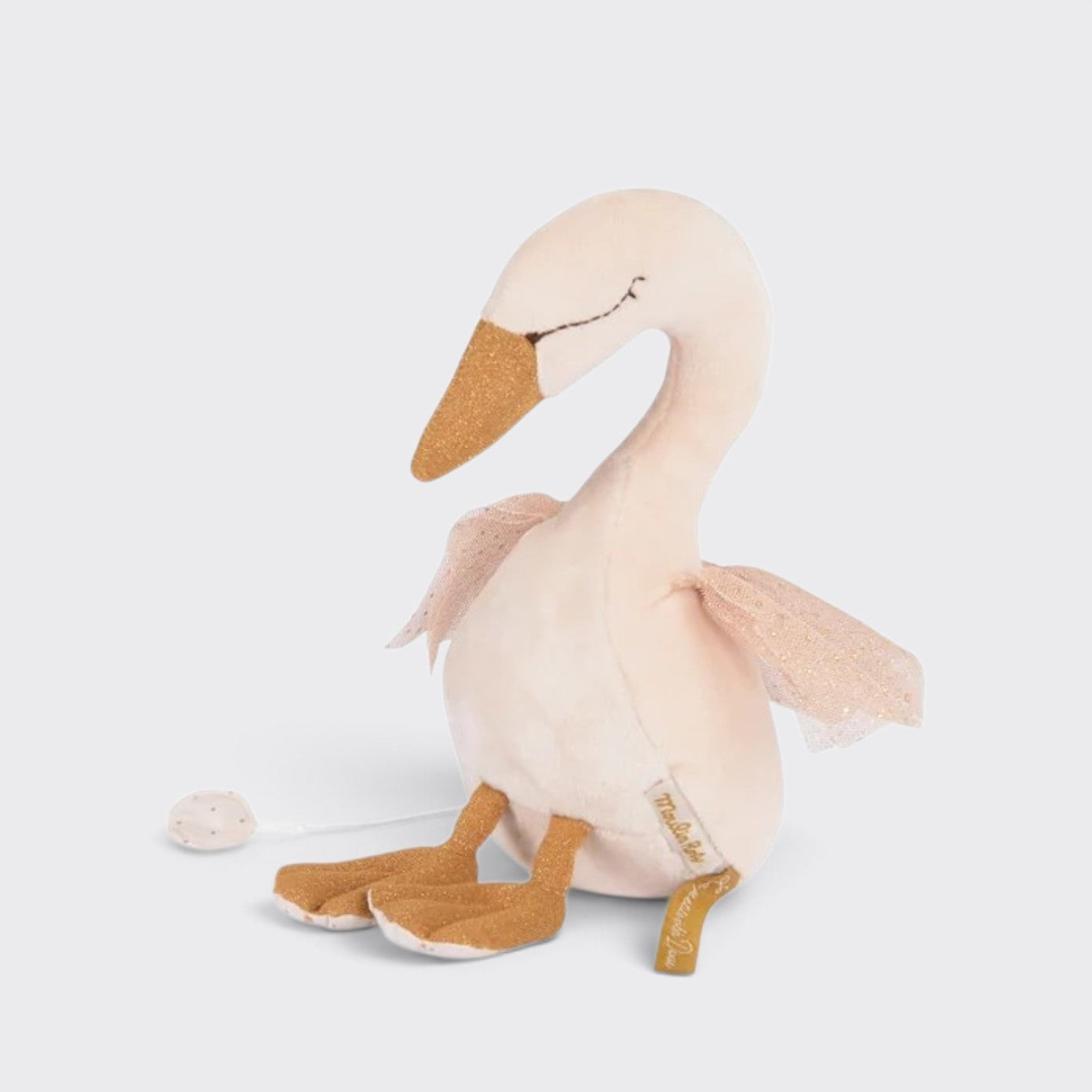 Little Moony Musical Swan from The Little School of Dance with soft velvet details for babies. Side view.