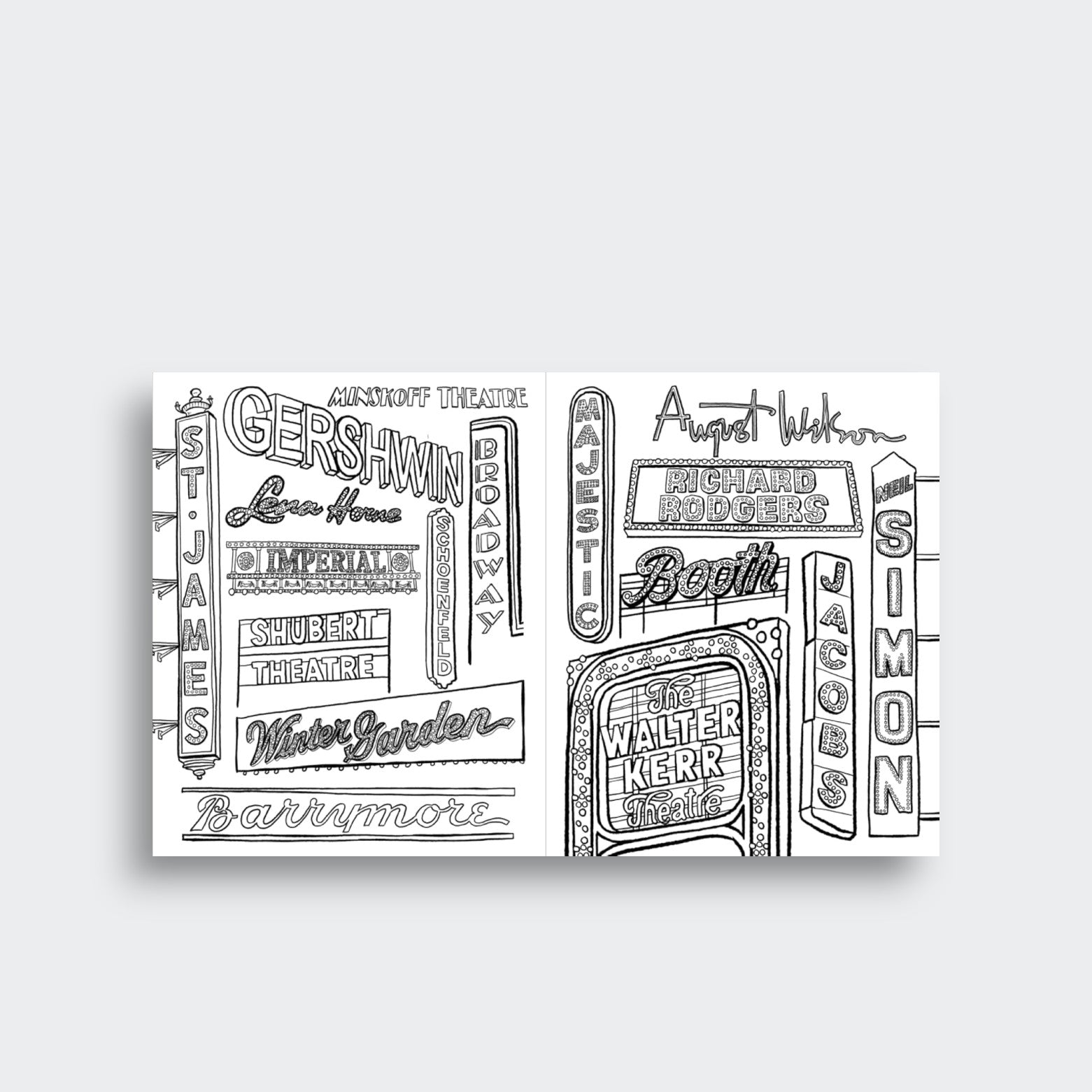 Broadway theater signs coloring spread from The NYC Coloring Book, featuring black-and-white marquee lettering on a light gray background.