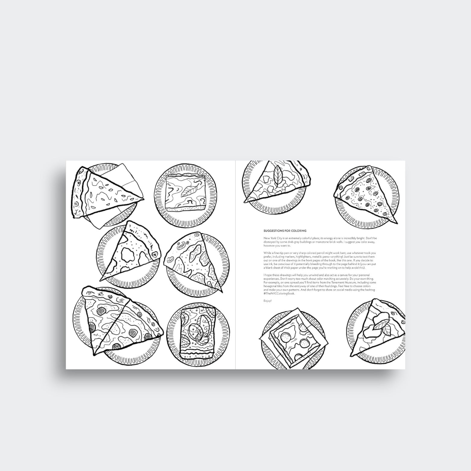 Pizza coloring spread from The NYC Coloring Book, showing assorted slices on paper plates around coloring tips, on a light gray background.