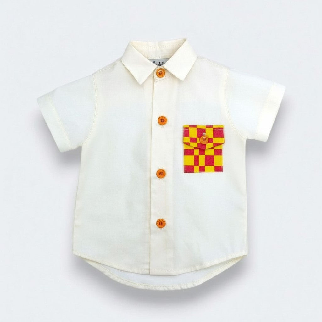 Little Moony Off white cotton button up shirt for baby and toddler with short sleeves, classic collar, orange buttons, and pink and yellow checkered chest pocket.