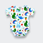 Little Moony organic Pima cotton dinosaur baby bodysuit with dino, volcano, palm tree, and comet print on white background