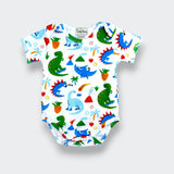 Little Moony organic Pima cotton dinosaur baby bodysuit with dino, volcano, palm tree, and comet print on white background