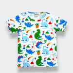 Little Moony organic Pima cotton dinosaur T-shirt with colorful dino and volcano print on white background