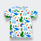 Little Moony organic Pima cotton dinosaur T-shirt with colorful dino and volcano print on white background