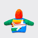 Little Moony Plane Kids Puffer Jacket with colorful blue, yellow, orange, and green panels for kids back view