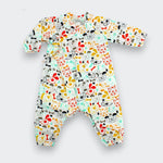 Little Moony puppy dog kimono jumpsuit in 100% cotton with  side-tie closure, unisex baby sizes 0–18M
