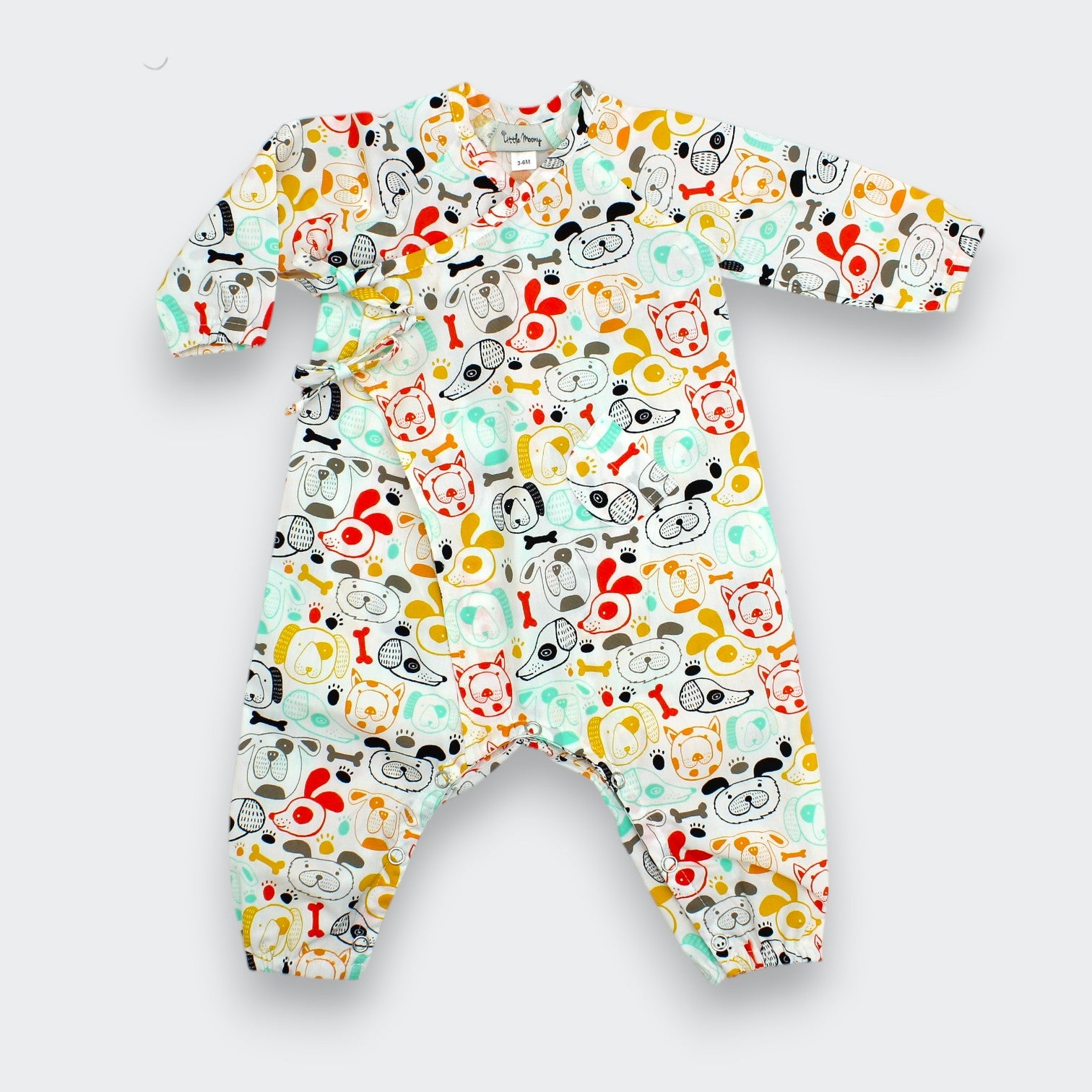 Little Moony puppy dog kimono jumpsuit in 100% cotton with  side-tie closure, unisex baby sizes 0–18M