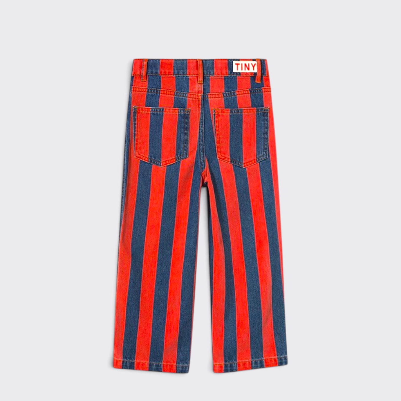 Little Moony Red Stripes Straight Denim Pants with bold red and blue stripes for kids and toddlers back view