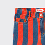 Little Moony Red Stripes Straight Denim Pants with bold red and blue stripes for kids and toddlers close up view