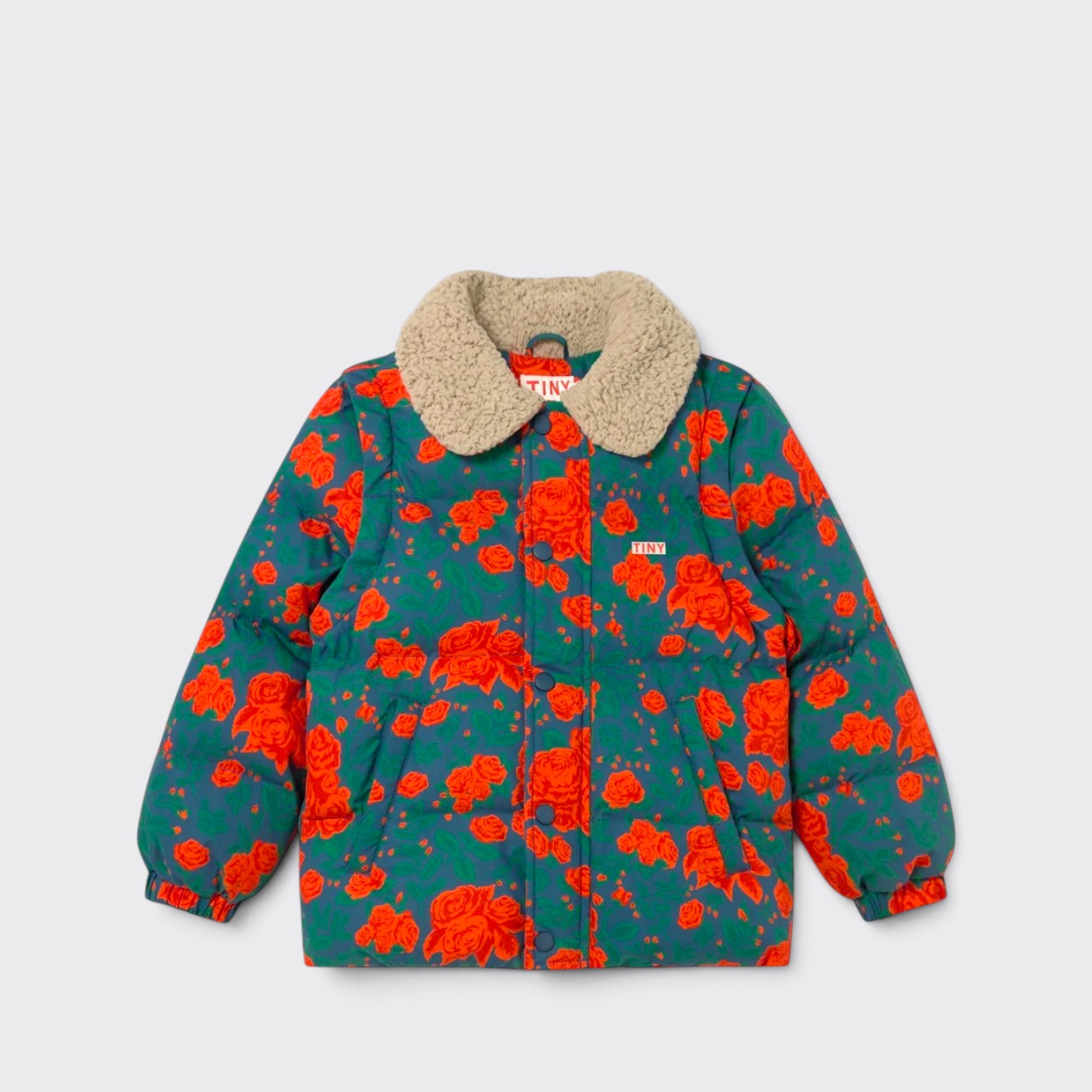 Little Moony Roses Short Padded Jacket with all-over rose print, sherpa collar, and detachable sleeves for toddlers