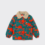 Little Moony Roses Short Padded Jacket with all-over rose print, sherpa collar, and detachable sleeves for toddlers