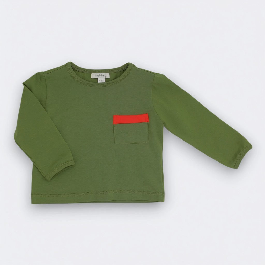 Soft sage green long sleeve pocket tee for baby and toddler, Little Moony