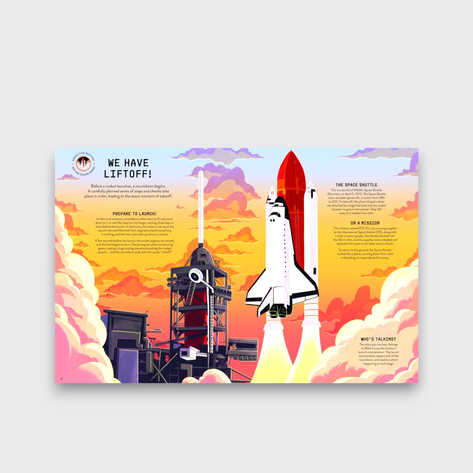 Little Moony Sound Explorers Space Adventure hardcover sound book with 20 NASA-inspired space sounds for kids page view rocket ship taking off