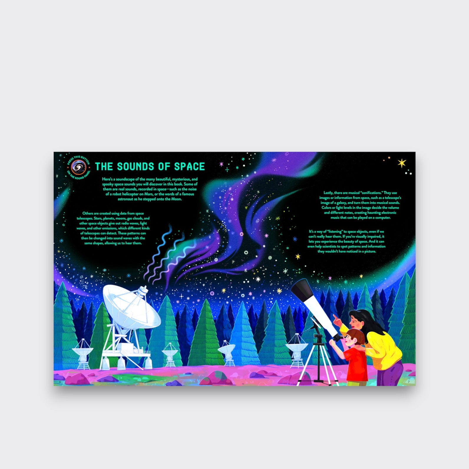 Little Moony Sound Explorers Space Adventure hardcover sound book with 20 NASA-inspired space sounds for kids page view star gazing